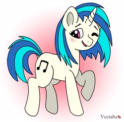 Size: 3000x2951 | Tagged: safe, artist:veetaha, derpibooru import, dj pon-3, vinyl scratch, pony, unicorn, blushing, cute, digital art, dock, female, flying, gradient background, mare, minimalist, one eye closed, open mouth, side view, signature, simple background, smiling, solo, solo female, tail, wink