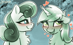 Size: 1126x694 | Tagged: safe, artist:llametsul, derpibooru import, bon bon, lovestruck, lyra heartstrings, sweetie drops, earth pony, pony, unicorn, atg 2022, blushing, couple, cute, eye clipping through hair, female, heart, heart eyes, lesbian, love, lyrabetes, lyrabon, mare, monochrome, newbie artist training grounds, shipping, signature, smiling, wavy mouth, wingding eyes