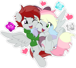 Size: 616x553 | Tagged: safe, artist:jhayarr23, derpibooru import, oc, oc only, oc:blazey sketch, oc:fullmoon, pegasus, bow, clothes, duo, green eyes, hair bow, hoodie, multicolored hair, purple eyes, red mane, simple background, sweater, transparent background, were-pony