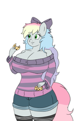 Size: 349x554 | Tagged: safe, artist:ljcaffie, derpibooru import, oc, oc only, oc:blazey sketch, anthro, anthro oc, big breasts, bow, breasts, cleavage, clothes, cookie, female, food, green eyes, hair bow, huge breasts, long hair, mare, multicolored hair, shorts, simple background, smiling, socks, solo, sweater, thigh highs, white background, wide hips