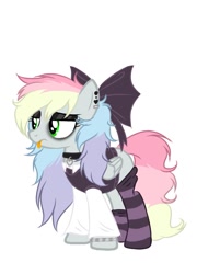 Size: 975x1355 | Tagged: safe, artist:blazyplazy, derpibooru import, oc, oc only, oc:blazey sketch, pegasus, bow, bracelet, choker, clothes, goth, gray coat, green eyes, hair bow, jewelry, makeup, messy mane, multicolored hair, simple background, socks, solo, striped socks, vest, white background