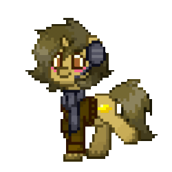 Size: 950x950 | Tagged: safe, derpibooru import, oc, oc only, oc:sagiri himoto, pony, unicorn, animated, blushing, brown coat, brown eyes, brown hair, brown mane, brown tail, clothes, food, gif, green mane, green tail, headphones, horn, lemon, pony town, scarf, simple background, smiling, solo, sweater, tail, transparent background, trotting, trotting in place, unicorn oc