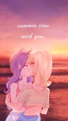 Size: 947x1692 | Tagged: safe, artist:5n2kumjf8jcwc7l, derpibooru import, applejack, rarity, human, applejack's hat, clothes, cowboy hat, duo, duo female, eyes closed, female, hat, humanized, kissing, lesbian, rarijack, shipping, text