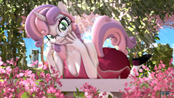 Size: 1920x1080 | Tagged: safe, artist:anthroponiessfm, derpibooru import, sweetie belle, anthro, plantigrade anthro, unicorn, 3d, breasts, bush, cleavage, clothes, cute, dress, female, flower, glasses, implied tail hole, looking at you, mare, older, older sweetie belle, plant, round glasses, shoes, smiling, solo, source filmmaker, sweetie belle is a marshmallow too, tail, the pose, wholesome