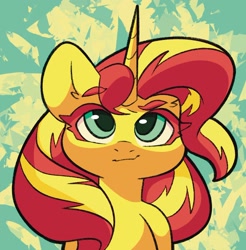 Size: 1672x1697 | Tagged: safe, artist:dodsie, derpibooru import, sunset shimmer, pony, unicorn, abstract background, bust, female, horn, mare, portrait, solo