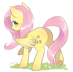 Size: 2001x1978 | Tagged: safe, artist:dos_towel, derpibooru import, fluttershy, pegasus, pony, butt, cute, daaaaaaaaaaaw, female, grass, looking at you, looking back, looking back at you, mare, plot, profile, raised hoof, raised leg, shyabetes, simple background, solo, white background, wings