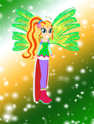 Size: 608x798 | Tagged: safe, artist:magical-mama, artist:selenaede, artist:user15432, derpibooru import, human, equestria girls, alternate hairstyle, barely eqg related, base used, boots, clothes, colored wings, crossover, crystal sirenix, dress, equestria girls style, equestria girls-ified, fairy, fairy wings, fairyized, flower, flower in hair, gradient background, gradient wings, green dress, green wings, high heel boots, high heels, hylian, linkle, long hair, looking at you, pink shoes, ponytail, shoes, sirenix, smiling, sparkly background, sparkly wings, the legend of zelda, wings, winx, winx club, winxified
