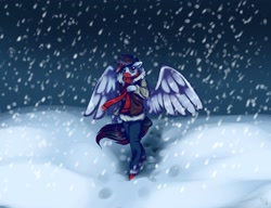 Size: 2560x1966 | Tagged: safe, artist:homa-nix, derpibooru import, oc, oc only, anthro, pegasus, unguligrade anthro, snow, snowfall, solo