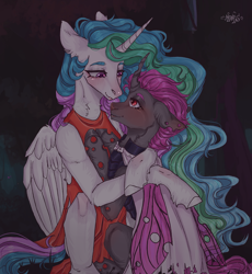 Size: 1820x1980 | Tagged: safe, derpibooru import, princess celestia, oc, oc:king dorigan, alicorn, changeling, changeling king, changeling oc, forest, hug, love, male, night, purple changeling