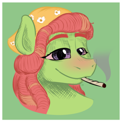 Size: 2000x2000 | Tagged: safe, artist:oldman, derpibooru import, tree hugger, earth pony, pony, bloodshot eyes, bust, drugs, marijuana, portrait, sketch, smoke, solo