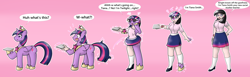 Size: 5200x1600 | Tagged: safe, artist:quickcast, derpibooru import, twilight sparkle, twilight sparkle (alicorn), alicorn, human, pony, clothes, commission, glasses, human coloration, humanized, mental shift, natural hair color, pony to human, shoes, skirt, species swap, tablet, teacher, transformation, transformation sequence