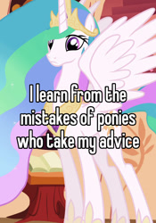 Size: 756x1079 | Tagged: safe, derpibooru import, edit, edited screencap, screencap, princess celestia, alicorn, pony, lesson zero, caption, golden oaks library, image macro, meme, solo, text