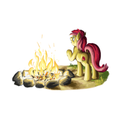 Size: 1000x1000 | Tagged: safe, artist:da-exile, derpibooru import, roseluck, pony, campfire, fire, simple background, solo, white background