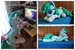 Size: 3264x2180 | Tagged: safe, artist:epicrainbowcrafts, derpibooru import, spring melody, sprinkle medley, pegasus, pony, bed, bedroom eyes, bow, clothes, computer, irl, life size, lying down, photo, plushie, prone, sitting, socks, solo, striped socks, tail, tail bow, wings