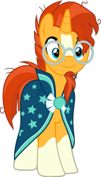 Size: 3000x5250 | Tagged: safe, artist:dashiesparkle, derpibooru import, sunburst, pony, unicorn, .svg available, cape, clothes, coat markings, facial hair, glasses, goatee, high res, male, simple background, smiling, socks (coat marking), transparent background, vector