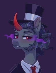 Size: 1610x2059 | Tagged: safe, artist:skysorbett, derpibooru import, king sombra, pony, unicorn, alternate hairstyle, clothes, colored horn, commission, curved horn, fangs, hat, horn, male, necktie, shirt, solo, sombra eyes, sombra horn, stallion, suit, top hat