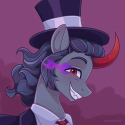 Size: 1806x1807 | Tagged: safe, artist:skysorbett, derpibooru import, king sombra, pony, unicorn, alternate hairstyle, clothes, colored horn, commission, curved horn, fangs, grin, hat, horn, male, necktie, shirt, smiling, solo, sombra eyes, sombra horn, stallion, suit, top hat