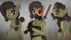 Size: 1920x1080 | Tagged: safe, artist:arrell, derpibooru import, oc, anthro, earth pony, pony, 3d, braid, bun, clothes, female, gloves, grass, katana, kunoichi, looking at you, mare, mask, ninja, shinobi, showcase, source filmmaker, sword, weapon