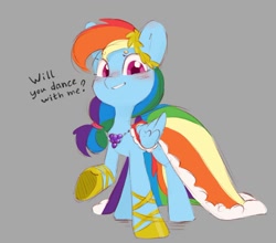 Size: 1119x985 | Tagged: safe, artist:melodylibris, derpibooru import, rainbow dash, pegasus, pony, blushing, clothes, dialogue, dress, female, gala dress, gray background, looking at you, mare, simple background, smiling, smiling at you, solo, talking to viewer, underhoof