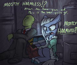 Size: 3000x2550 | Tagged: safe, artist:t72b, derpibooru import, limestone pie, oc, oc:anon, earth pony, human, pony, angry, bathrobe, book, clothes, duo, ears back, female, hitchhiker's guide to the galaxy, hoof hold, human male, looking at something, male, mare, necktie, open mouth, ponified, robe, shoes, sitting, slippers, suit