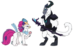 Size: 3066x1979 | Tagged: safe, artist:supahdonarudo, derpibooru import, queen novo, storm king, classical hippogriff, hippogriff, yeti, my little pony: the movie, atg 2022, imminent violence, looking at each other, looking at someone, newbie artist training grounds, pearl, queen novo's orb, simple background, staff, staff of sacanas, transparent background