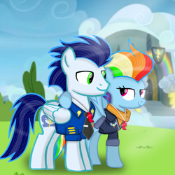 Size: 900x900 | Tagged: safe, artist:mlplary6, derpibooru import, rainbow dash, soarin', pegasus, pony, the last problem, female, looking at each other, looking at someone, male, mare, older, older rainbow dash, older soarin', older soarindash, shipping, smiling, smiling at each other, soarindash, stallion, straight