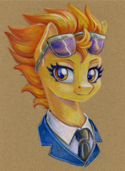 Size: 828x1135 | Tagged: safe, artist:maytee, derpibooru import, spitfire, pegasus, pony, bust, clothes, colored pencil drawing, portrait, solo, sunglasses, traditional art