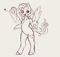 Size: 3176x3004 | Tagged: safe, artist:miokomata, derpibooru import, fluttershy, pegasus, semi-anthro, beige background, chest fluff, cute, female, floating heart, freckles, freckleshy, heart, mare, monochrome, open mouth, open smile, shyabetes, simple background, smiling, solo, spread wings, wings