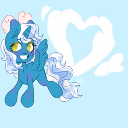 Size: 1242x1238 | Tagged: safe, artist:slothuseless, derpibooru import, oc, oc:fleurbelle, alicorn, alicorn oc, blue background, bow, cloud, female, flying, golden eyes, hair bow, heart, horn, mare, simple background, wings