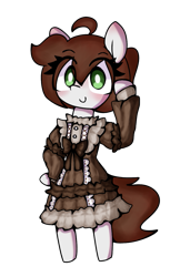 Size: 809x1184 | Tagged: safe, artist:seylan, derpibooru import, oc, oc only, oc:cherro, earth pony, pony, bipedal, blushing, clothes, digital art, dress, looking at you, simple background, solo, transparent background