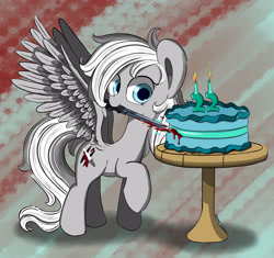 Size: 3300x3100 | Tagged: safe, artist:hisp, derpibooru import, oc, oc only, oc:silver edge, pegasus, pony, birthday, cake, commission, cute, fake blood, female, food, jelly, knife, long hair, pegasus oc, simple background, solo, spread wings, table, wings