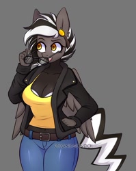 Size: 901x1133 | Tagged: safe, artist:handgunboi, derpibooru import, oc, oc only, oc:zephyrai, anthro, pegasus, accessory, anthro oc, belt, black and white mane, black coat, clothes, commission, denim, female, glasses, golden eyes, gray background, hand in pocket, jacket, jeans, mare, midriff, open clothes, open jacket, pants, pegasus oc, shirt, simple background, solo, sunglasses, undershirt