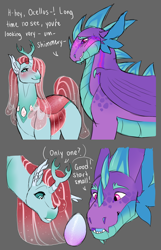 Size: 1888x2933 | Tagged: safe, artist:felinenostalgic, derpibooru import, ocellus, spike, changedling, changeling, dragon, blushing, changedling queen, changeling egg, female, gray background, male, older, older ocellus, older spike, quadrupedal spike, shipping, simple background, straight, winged spike, wings