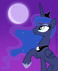 Size: 1584x1942 | Tagged: safe, artist:piles-of-peaches, artist:piles0fpeaches, artist:piles_of_peaches, derpibooru import, princess luna, alicorn, pony, female, jewelry, mare, moon, night, raised hoof, raised leg, regalia, solo