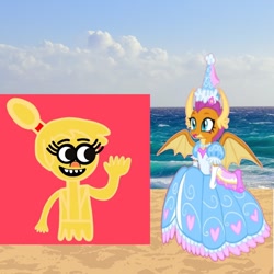 Size: 1080x1080 | Tagged: safe, artist:darlycatmake, derpibooru import, smolder, dragon, ghost, undead, 1000 hours in ms paint, beach, beautiful, clothes, crossover, cute, dragoness, dress, female, flower, flower in hair, froufrou glittery lacy outfit, gloves, happy, hat, hennin, jewelry, long gloves, looking at each other, looking at someone, molly mcgee, necklace, ocean, pretty, princess, princess smolder, smiling, smiling at each other, smolderbetes, the ghost and molly mcgee, water