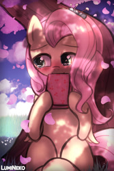 Size: 750x1125 | Tagged: safe, artist:lumineko, derpibooru import, fluttershy, pegasus, pony, crying, cute, daaaaaaaaaaaw, female, mare, older, older fluttershy, shyabetes, sitting, solo, tears of joy, tree