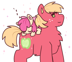 Size: 886x761 | Tagged: safe, artist:cutiesparke, derpibooru import, apple bloom, big macintosh, earth pony, pony, adorabloom, apple bloom's bow, bow, brother and sister, chest fluff, cute, duo, eyes closed, female, freckles, green eyes, hair bow, hoof heart, lightly watermarked, lying down, lying on top of someone, macabetes, male, onomatopoeia, ponies riding ponies, riding, siblings, sleeping, sound effects, sparkles, standing, watermark, zzz