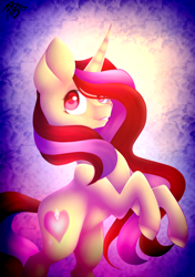 Size: 1200x1700 | Tagged: safe, artist:prettyshinegp, derpibooru import, oc, oc only, pony, unicorn, abstract background, horn, rearing, signature, smiling, solo, unicorn oc