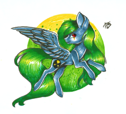 Size: 1477x1336 | Tagged: safe, artist:prettyshinegp, derpibooru import, oc, oc only, pegasus, pony, female, mare, pegasus oc, rearing, signature, smiling, solo, traditional art, wings