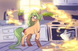 Size: 1224x792 | Tagged: safe, artist:aquagalaxy, derpibooru import, oc, oc only, oc:honey nevaeh, pony, unicorn, cooking, glasses, kitchen, solo