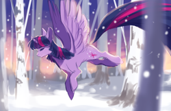 Size: 1224x792 | Tagged: safe, artist:aquagalaxy, derpibooru import, twilight sparkle, twilight sparkle (alicorn), alicorn, pony, eyes closed, flying, forest, sketch, snow, snowfall, solo, winter