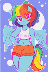 Size: 796x1199 | Tagged: safe, artist:gazzrr, derpibooru import, rainbow dash, anthro, pegasus, clothes, female, hooters, midriff, short hair, shorts, tanktop, tomboy