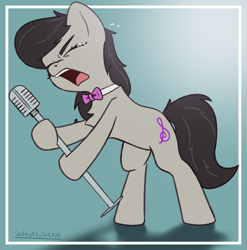 Size: 1303x1319 | Tagged: safe, artist:d3f4ult_4rt1st, derpibooru import, octavia melody, earth pony, pony, bipedal, bowtie, crying, emotional, microphone, sad, screaming, singing, solo