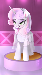 Size: 1080x1920 | Tagged: safe, artist:darksly, derpibooru import, sweetie belle, pony, unicorn, atg 2022, clothes, dress, female, lidded eyes, mare, newbie artist training grounds, older, older sweetie belle, smiling, solo, wedding dress