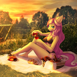 Size: 1272x1272 | Tagged: safe, artist:hellcat120, derpibooru import, fluttershy, anthro, pegasus, plantigrade anthro, alcohol, barefoot, basket, bedroom eyes, belly button, bikini, black swimsuit, bottle, bread, breasts, butter, cheese, cherry, clothes, detailed background, digital art, ear fluff, ears, feet, female, food, glass, grass, hootershy, looking at you, mare, peach, picnic, picnic basket, picnic blanket, pose, sitting, smiling, smiling at you, solo, stupid sexy fluttershy, swimsuit, thighs, tree, wide hips, wine, wine bottle, wine glass, wingless, wingless anthro