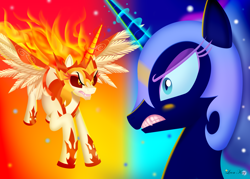 Size: 3500x2500 | Tagged: safe, artist:leonkay, derpibooru import, daybreaker, nightmare moon, pony, duality