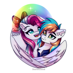 Size: 2500x2500 | Tagged: safe, artist:stormcloud, derpibooru import, oc, oc only, oc:sky sorbet, oc:twister joy, pegasus, pony, blue eyes, blushing, bow, bust, chest fluff, clothes, cute, female, green eyes, hair bow, looking at something, male, mare, multicolored mane, oc x oc, open mouth, open smile, pegasus oc, rainbow, raised hoof, raised leg, shipping, simple background, smiling, stallion, two toned mane, white background, wings