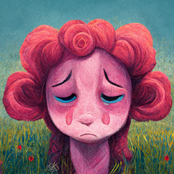 Size: 1024x1024 | Tagged: safe, derpibooru import, generator:midjourney, machine learning generated, pinkie pie, crying, meadow, solo