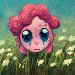 Size: 1024x1024 | Tagged: safe, derpibooru import, generator:midjourney, machine learning generated, pinkie pie, crying, meadow, solo