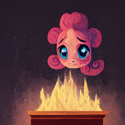 Size: 1024x1024 | Tagged: safe, derpibooru import, generator:midjourney, machine learning generated, pinkie pie, crying, fire, floating head, solo